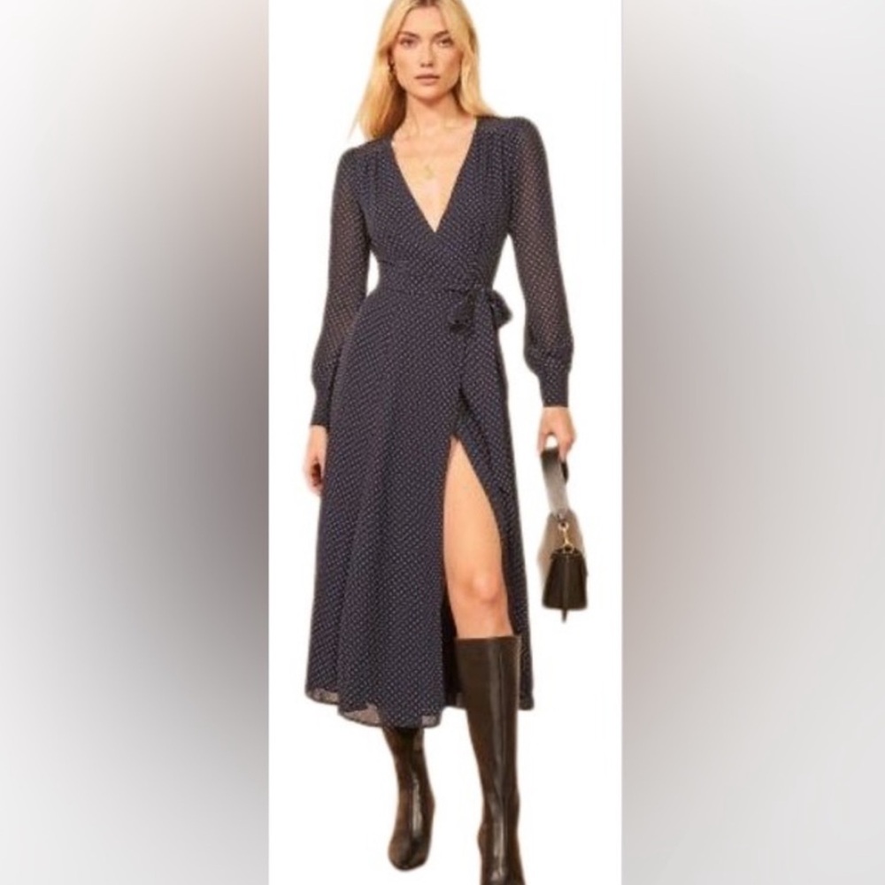 Reformation Wrap Navy Polka Dot Midi Dress Size S